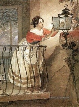  Front Kunst - italienische Frau blitzt eine Lampe vor dem Bild der Madonna Karl Bryullov